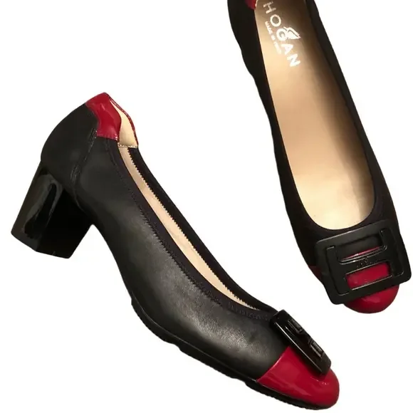 Hogan Block Heel Pumps Black with Red Cap Toe Leather and Patent 2" heel size 38 - Picture 1 of 15